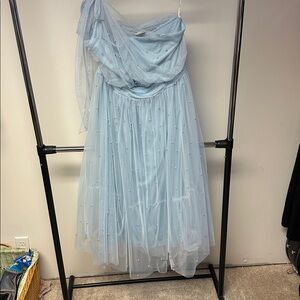 Arula Light Blue Mesh & Pearl One Shoulder Dress